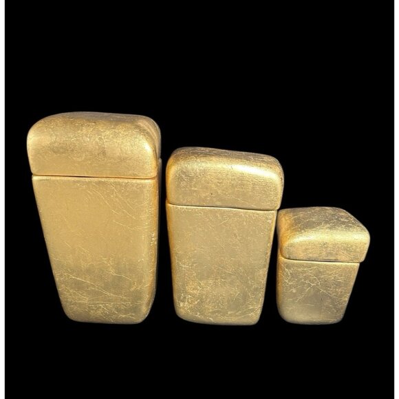 Luxe Gold Leaf Antiqued Bathroom Vanity Decor Lidded Canister Set Neiman Marcus - Picture 1 of 16